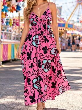Zara NWT Pink Floral Maxi Dress Size L Cotton Smocked Empire Waist Y2K